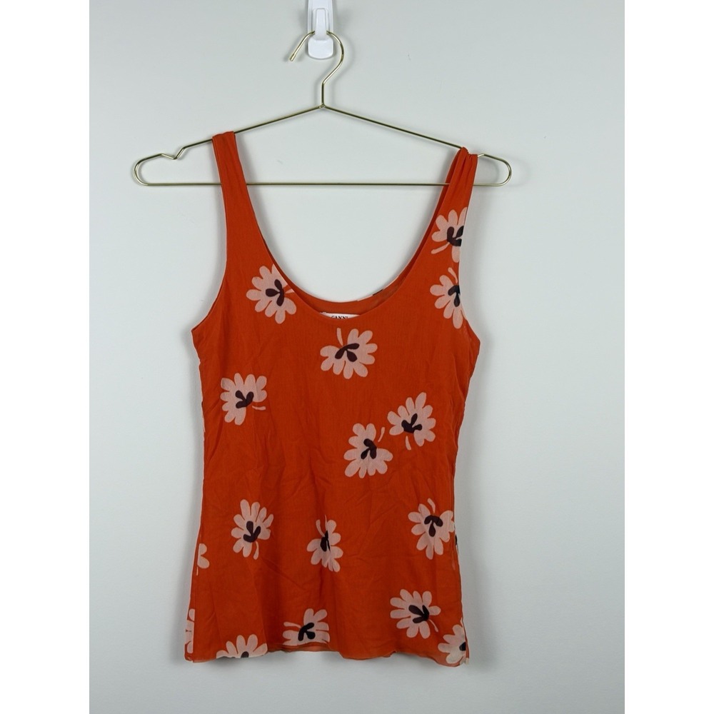 GANNI Boho Retro Hippie Red Floral Mesh Round Neck Tank Top SZ 38 (6)
